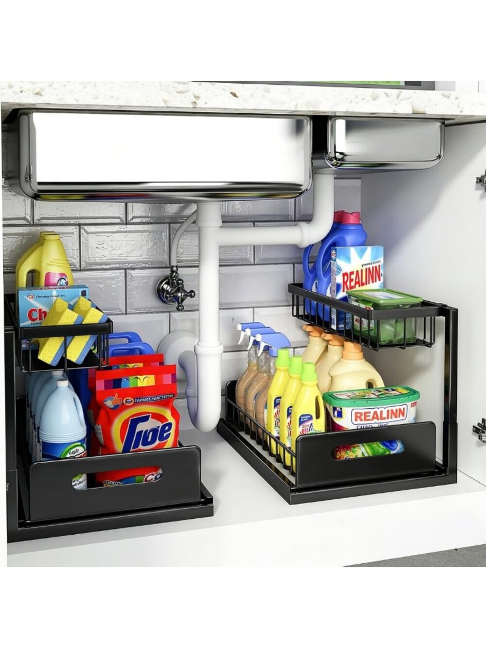 L-Shaped 2-Tier Under Sink Organizer | Pull-Out Cabinet Storage Solution